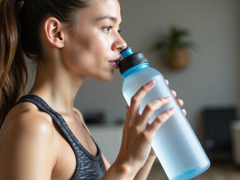 Persona bebiendo agua de una botella reutilizable durante un ejercicio ligero.