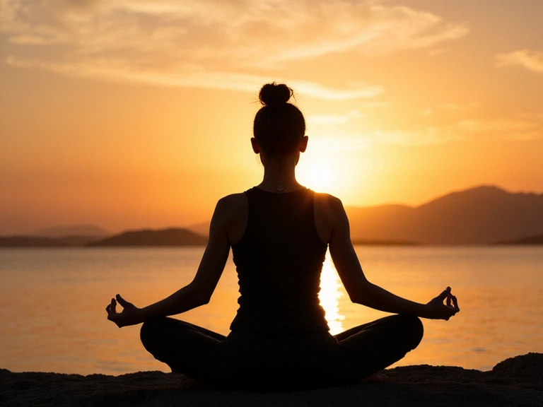 Persona meditando en una postura de yoga al amanecer, simbolizando paz y bienestar.