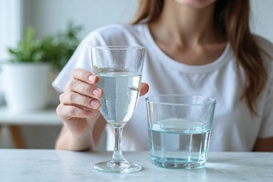 Imagen de una persona bebiendo agua y vasos de agua