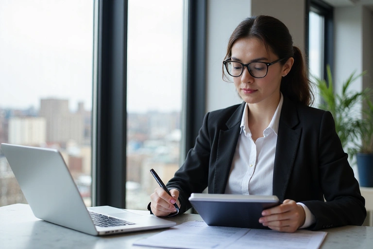 Mujer leyendo un documento con un lápiz y un portátil